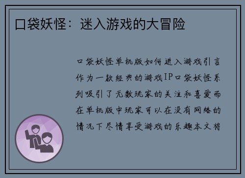 口袋妖怪：迷入游戏的大冒险